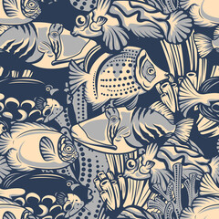 Fototapeta na wymiar Colored seamless pattern with coral reef, fish on a nautical theme for dark background. Ideal for textile printing, wallpaper, and packaging