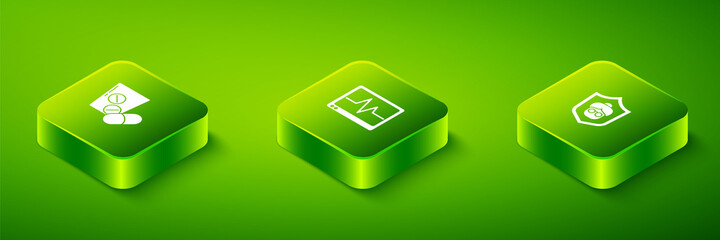 Set Isometric Monitor with cardiogram, Grandmother and Medicine pill tablet icon. Vector