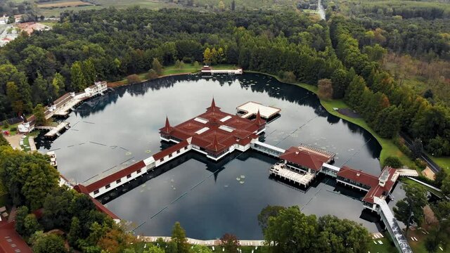 Aerial 4k drone video of the thermal lake Heviz in Hungary