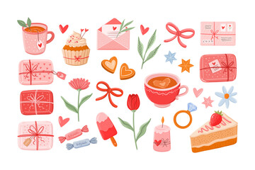 Valentines day vector illustrations set. Romantic and love clipart collection  - gifts, flowers, cookies, cupcake, slice of cake, ice cream, tea mug, coffee cup, hearts, diamond ring