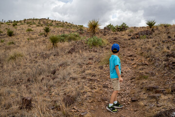 Fototapeta premium boy looking up mountain trail in desert