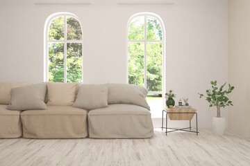 White living room with sofa and summer landscape in window. Scandinavian interior design. 3D illustration