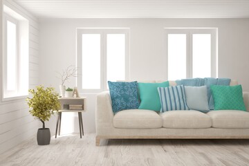 White living room with sofa. Scandinavian interior design. 3D illustration