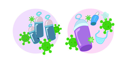 Medical Life Support Oxygen Cylinder Illustration. Covid 19 corona virus pandemic medical aid supplies with mask sanitizer vactor drawing