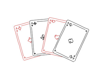 Four of a kind. Poker quads. Four aces. Good luck in the game. Playing cards. Hand drawn sketch line.