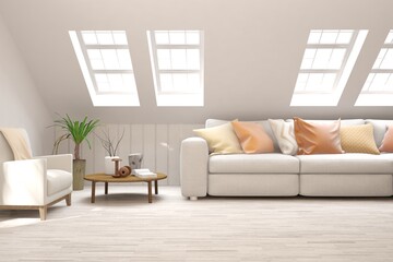 White living room with sofa. Scandinavian interior design. 3D illustration