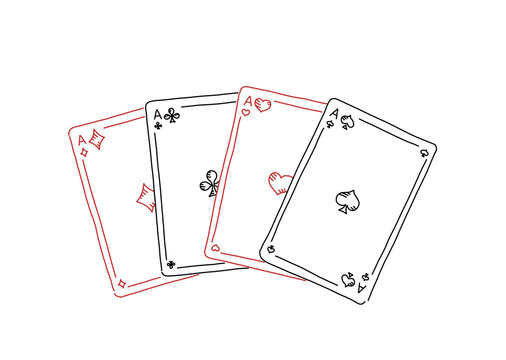 Four Of A Kind. Poker Quads. Four Aces. Good Luck In The Game. Playing Cards. Hand Drawn Sketch Line.