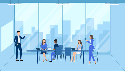 Group of office workers sitting at desks and communicating or talking to each other. Dialogue or conversations between colleagues.Doing business through technology.vector illustration.