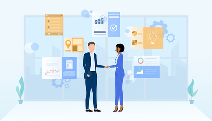 Group of office workers sitting at desks and communicating or talking to each other. Dialogue or conversations between colleagues.Doing business through technology.vector illustration.