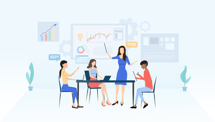 Group of office workers sitting at desks and communicating or talking to each other. Dialogue or conversations between colleagues.Doing business through technology.vector illustration.