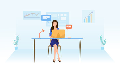 Group of office workers sitting at desks and communicating or talking to each other. Dialogue or conversations between colleagues.Doing business through technology.vector illustration.