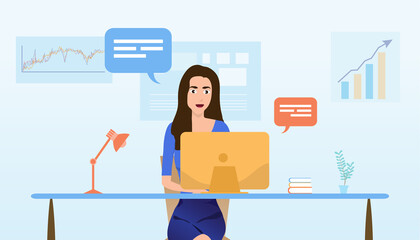 Group of office workers sitting at desks and communicating or talking to each other. Dialogue or conversations between colleagues.Doing business through technology.vector illustration.
