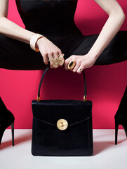 Woman with the purse and accessories. Fashion image on red background