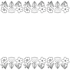 Spring flowers in simple hand drawn childish style. Frame from outline. Vector doodle border with copy space. Horizontal decoration for greeting card, invitation, Valentine's, Women's or Mother day