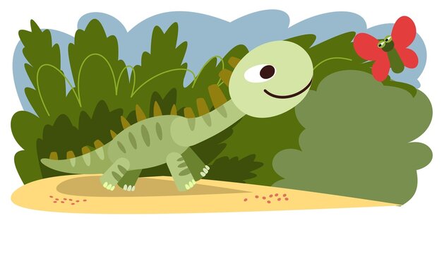 Baby dinosaur playing with a butterfly. The isolated object on a white background. Cheerful kind animal child. Cartoons flat style. Prehistoric reptile. Illustration vector