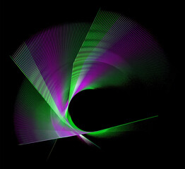 The straight blades of an abstract propeller with green and purple stripes rotate to form a frame on a black background. Graphic design element. Logo, sign, icon, symbol. 3d rendering. 3d illustration