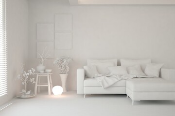 Mock up of minimalist living room in white color with sofa. Scandinavian interior design. 3D illustration