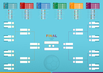 Match Schedule of European Football Competition, all matches, time and place. European flags of the participants of the football tournament.