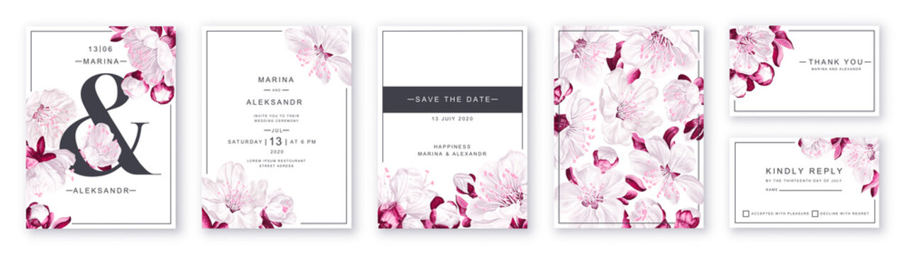Botanical wedding invitation card. Template design with sakura flowers, cherry blossom. Modern, realistic style, hand-drawn illustration. Save the Date and RSVP collection in EPS vector format.
