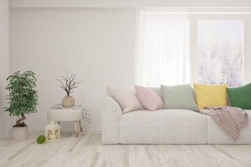 White living room with sofa. Scandinavian interior design. 3D illustration