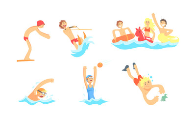 People Characters Having Summer Vacation at Seaside Playing and Having Fun with Water Sport On the Beach Vector Illustration Set