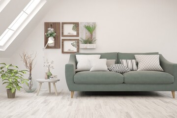 Soft color living room with sofa. Scandinavian interior design. 3D illustration