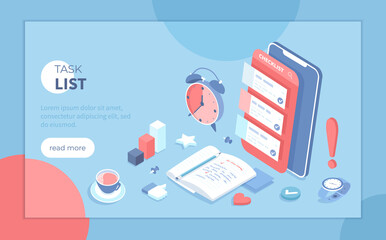 Checklist on smartphone screen. Task manager app. List of purchases, tasks, plans, to do, wish list. Isometric vector illustration for banner, website.
