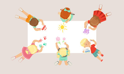 Little Girl and Boy Lying on the Floor and Drawing on White Paper Above View Vector Illustration