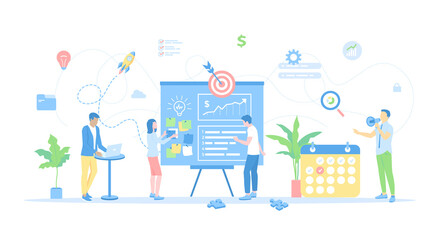 Business planning, management, organization, success strategy. People work together making a plan on a board, mark tasks, track execution of tasks. Vector illustration flat style.