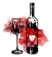 Hand drawing engraving vintage bottle and glass of wine with alcohol ink red watercolor background. Can be use for poster, card, invitation, booklet, label, advertisement, print, restaurant, menu