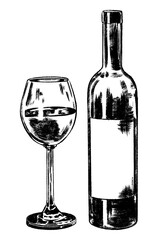 Hand drawing engraving vintage glass and bottle of wine. Can be use for poster, card, invitation, booklet, label, advertisement, print, restaurant, menu