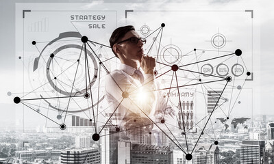 Concept of business success and control with confident boss against cityscape background