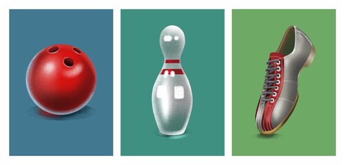 Hand drawing vintage poster textured colorful illustration of bowling pin, shoes, ball in blue green background. Can be use for poster, banner, flyer, invitation, card, print, advertising.
