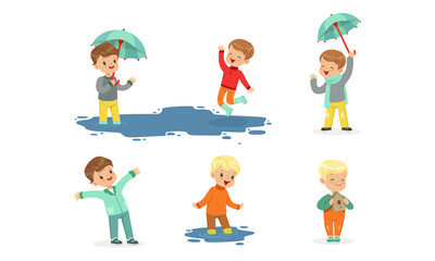 Smiling Little Children Splashing in Puddle Walking in Wet Rainy Day Vector Set