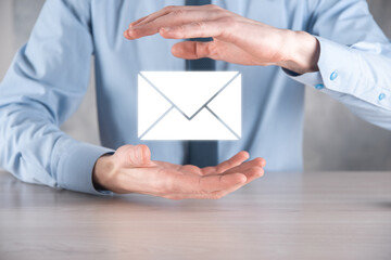 Email and user icon,sign,symbol marketing or newsletter concept, diagram.Sending email.Bulk mail.Email and sms marketing concept. Scheme of direct sales in business. List of clients for mailing.