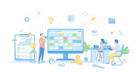 Time Management Planning Schedule. Organization of working time. A business team distributed priority tasks for success project. Vector illustration flat style.