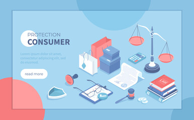Fototapeta na wymiar Consumer protection. Buyer's legal rights, purchase safety. Buyer seller relationship regulations. Isometric vector illustration for banner, website.