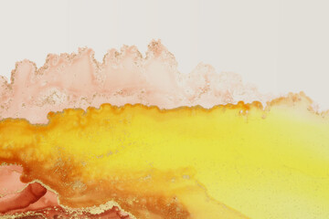 Art Abstract painting yellow and gold blots landscape background. Alcohol ink colors. Marble texture.
