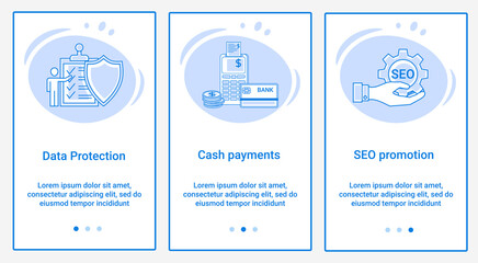 Modern flat illustrations in the form of a slider for web design. A set of UI and UX interfaces for the user interface.Topic Data Protection, Cash payments and SEO promotion.