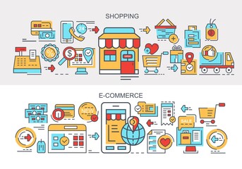 Shopping. Commerce. Set of vector, color, flat banners.