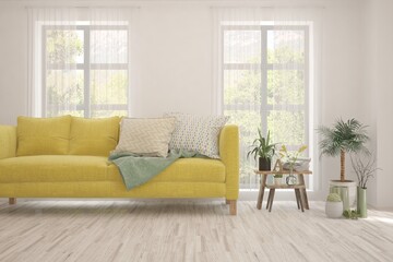 White living room with yellow sofa. Scandinavian interior design. 3D illustration