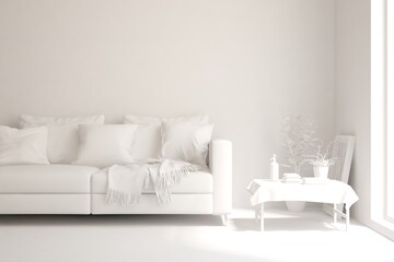 Mock up of stylish room in white color with sofa. Scandinavian interior design. 3D illustration