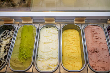 Colorful of Italy Gelato iced homemade ice cream dessert in Japanese in iced control machine.