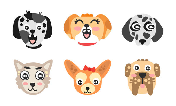 Different Dog Muzzle and Heads with Pointed Ears Vector Set