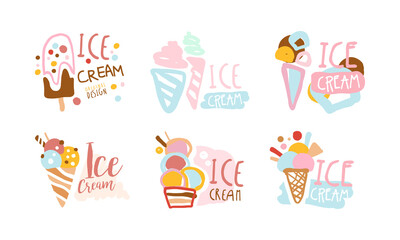 Ice Cream Original Design with Frozen Dessert in Waffle Cone and on Stick Vector Set