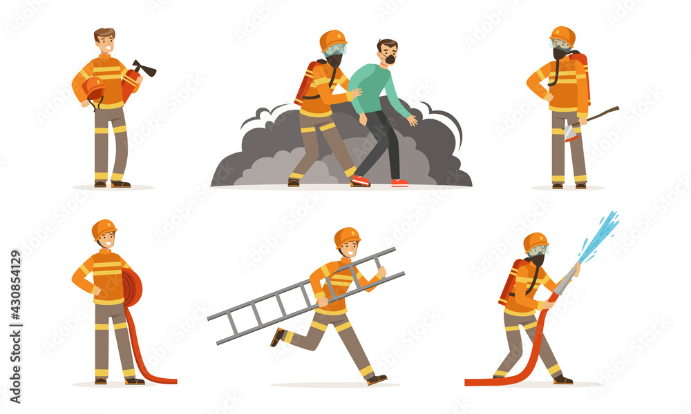 Sticker Man Fire Fighter in Uniform Carrying Ladder and Spraying Water from Hose Vector Set