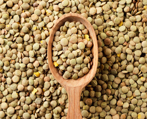 Lentils in a wooden spoon on a background of lentils. The view from top