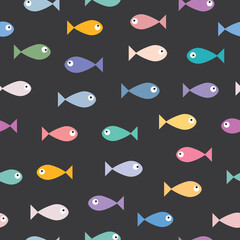 Sea fish characters cartoon seamless background. Print for kids, simple cute design. Vector