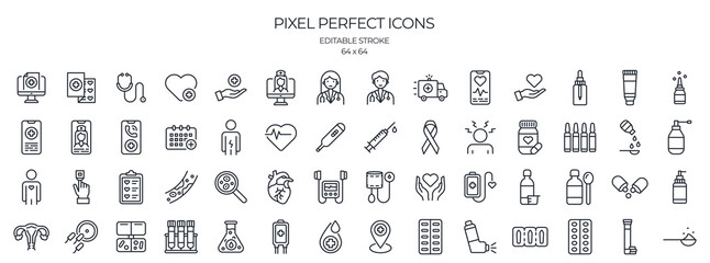 Medical, healthcare and pharmacy related editable stroke outline icons set isolated on white background flat vector illustration. Pixel perfect. 64 x 64.
