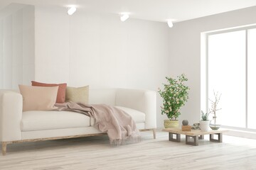 Soft color living room with sofa. Scandinavian interior design. 3D illustration